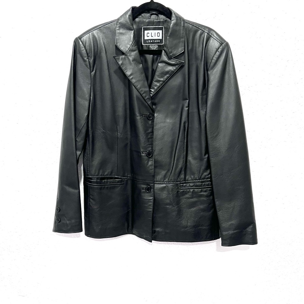 Clio black‎ soft leather collared front pockets jacket large